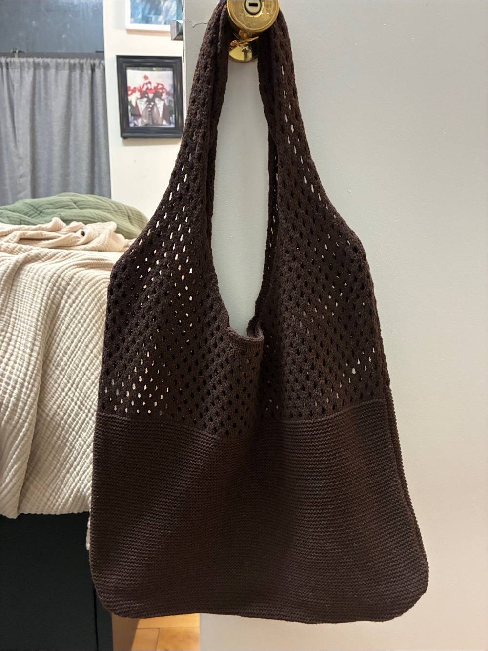 Brown Crochet Knit Shoulder Bag - Casual Everyday Tote